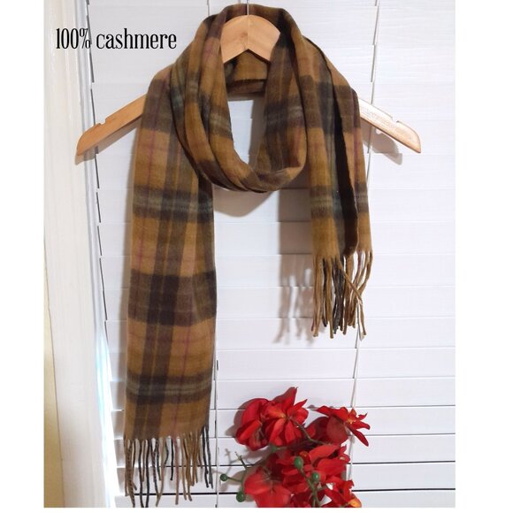 Cashmere 100% Nordstrom Brown Plaid Fringe Fall Lightweight Scarf - Picture 1 of 3